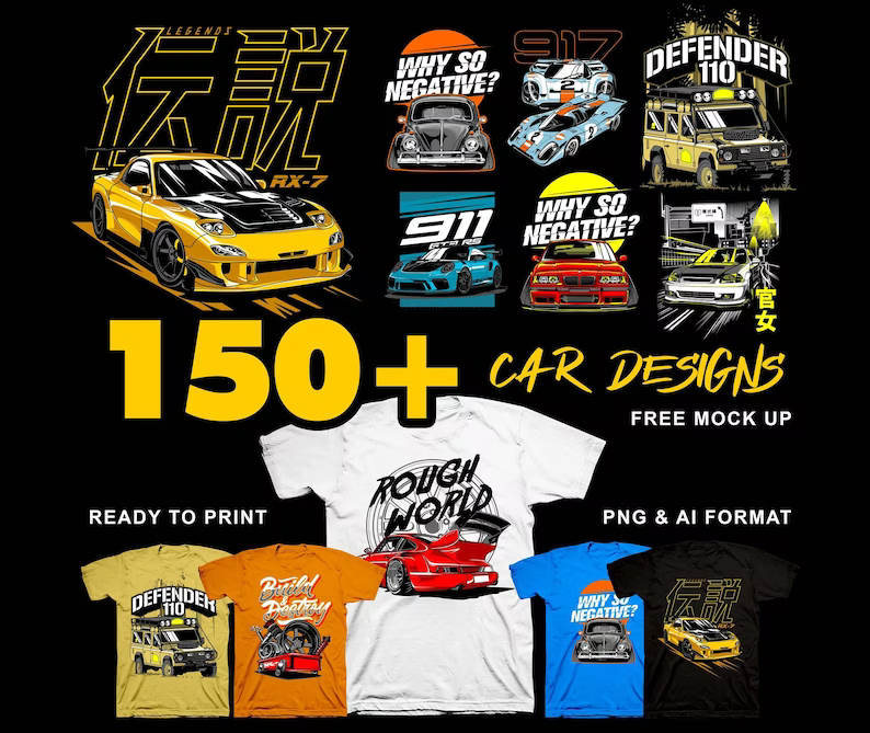 150+ Car T-Shirt Designs - DTG DTF Screen Printing - T-Shirt Print Download Sports car designs car mug designs car tumbler designs race car